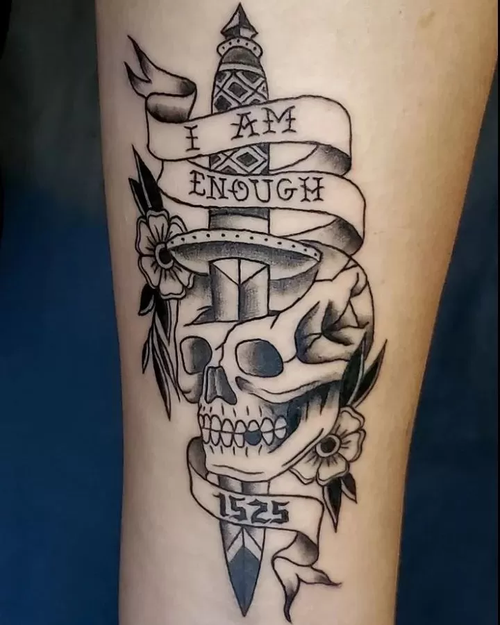 Traditional skull tattoo done by Brian Haggerty at Overlord Tattoo Studio, Palm Coast, Flagler Beach FL. 