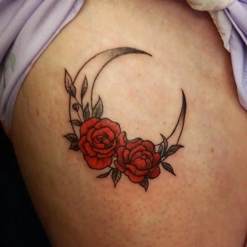 Roses moon tattoo done by Brian Haggerty at Overlord Tattoo Studio, Palm Coast, Flagler Beach FL. 