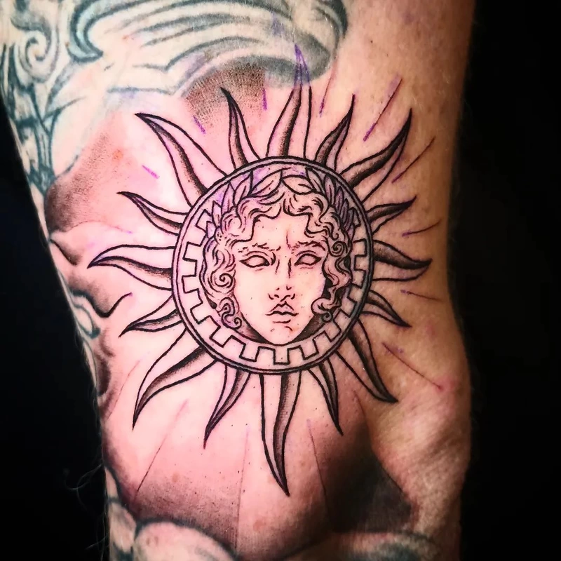 Greek god tattoo done by Brian Haggerty at Overlord Tattoo Studio, Palm Coast, Flagler Beach FL. 