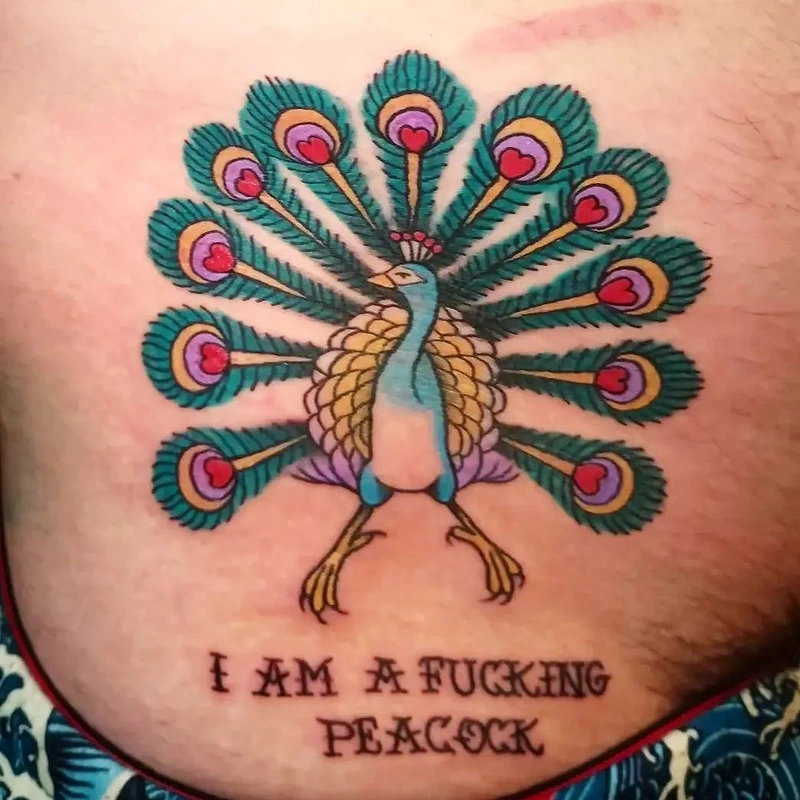 Peacock tattoo done by Brian Haggerty at Overlord Tattoo Studio, Palm Coast, Flagler Beach FL. 
