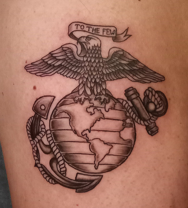 Marine corps tattoo done by Brian Haggerty at Overlord Tattoo Studio, Palm Coast, Flagler Beach FL. 