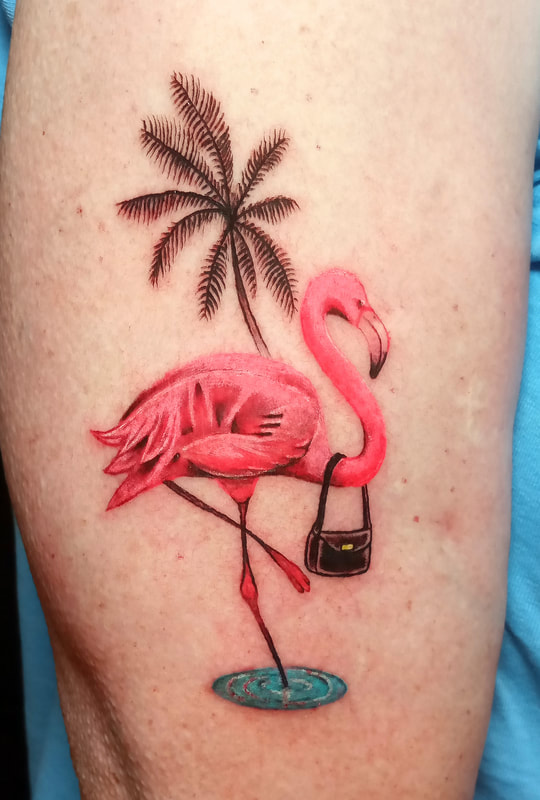 Flamingo tattoo done by Brian Haggerty at Overlord Tattoo Studio, Palm Coast, Flagler Beach FL. 