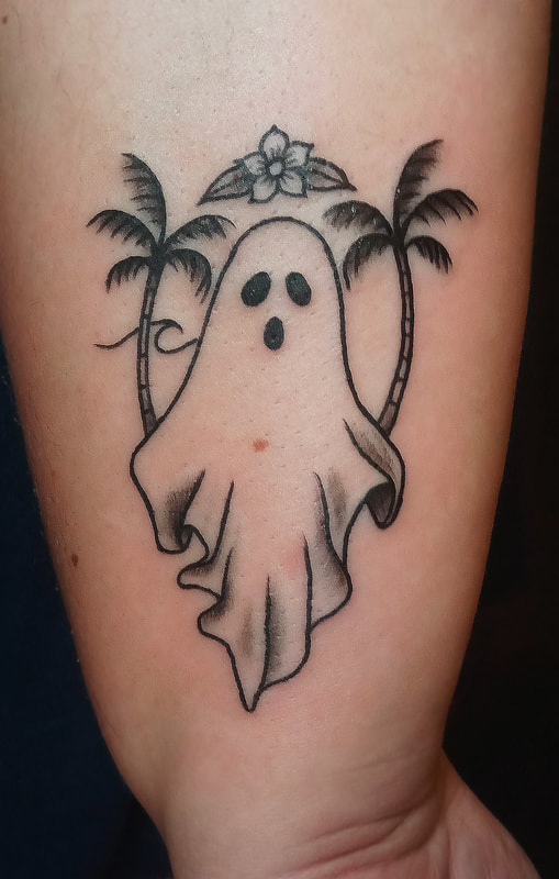 Ghost tattoo done by Brian Haggerty at Overlord Tattoo Studio, Palm Coast, Flagler Beach FL. 