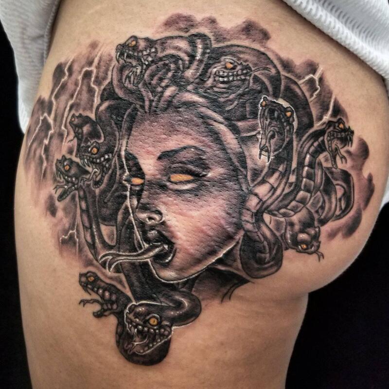 Medusa tattoo,snake,black and grey,Overlord tattoo shop Palm Coast FL