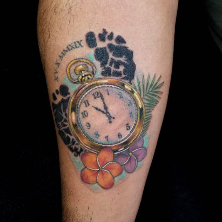 pocketwatch,tattoo,baby foot print,Overlord Tattoo Shop Palm Coast FL