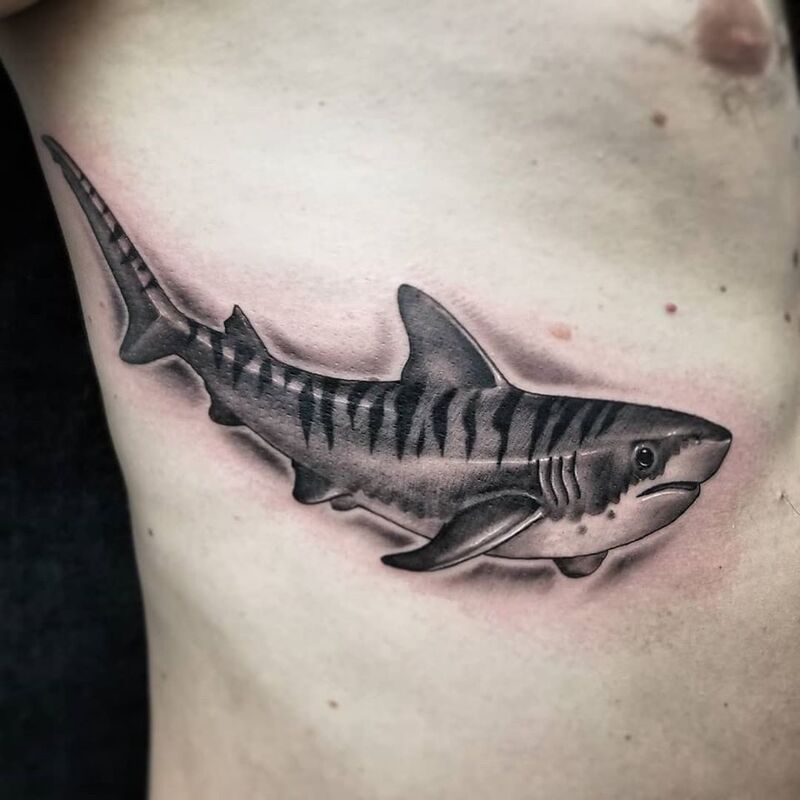 Tiger shark tattoo done at Overlord Tattoo Shop in Palm Coast FL