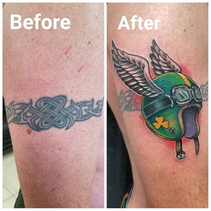 Biker helmet with wings tattoo done at Overlord Tattoo Shop in Miami Beach